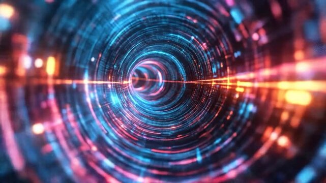 Digital tunnel with glowing data stream.