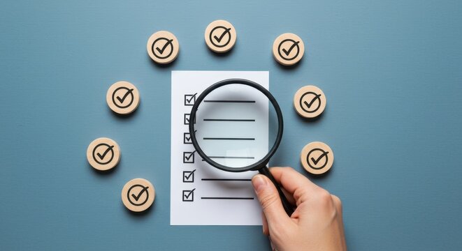 Conceptualization of checklist success and detailed examination via magnifying glass on a blue background