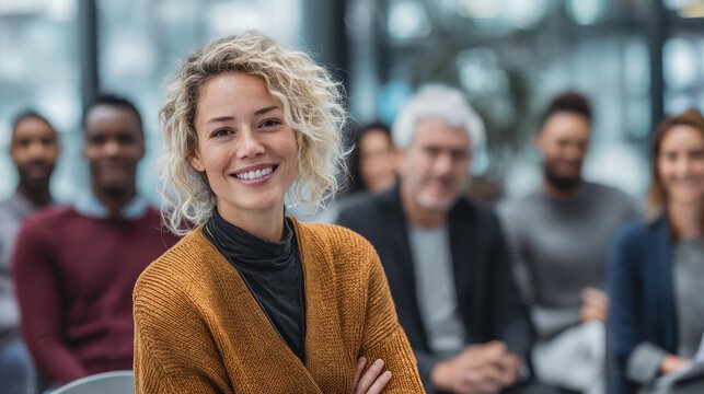 Smiling woman in cooperative learning workshop setting