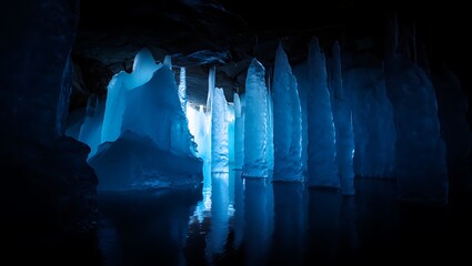 Mystical Ice Cave with Reflections and Blue Glow Amazing Nature Scenery