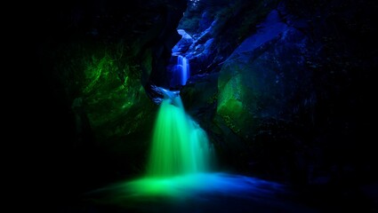 Mystical Waterfall in Dark Cave with Green and Blue Lights