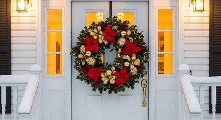 Naklejka premium American Christmas Wreath with Poinsettias and Holly Leaves 