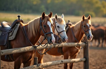 Obraz premium Three horses stand by a wooden fence on a sunny ranch. A western saddle is on the first horse, ready for riding. These beautiful animals await their riders.