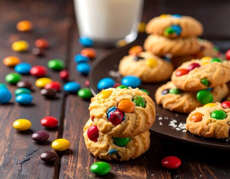 Colorful cookies stacked on a dark plate, with a glass of milk and colorful candies scattered around - Powered by Adobe