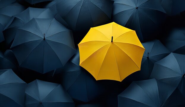 Yellow umbrella standing out among black umbrellas, top-down view symbolizing individuality, contrast, and creative advertising concept
