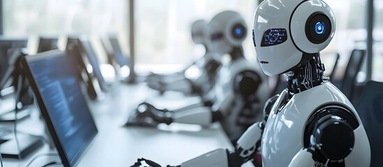 Robots are working in an office using computers, representing advanced technology and automation.