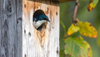 A blue-gray bird is perched in a rustic wooden birdhouse, showcasing the natural beauty of nature.
