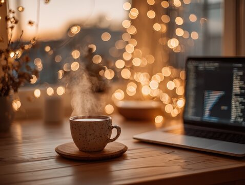 Cozy minimalist home office at golden hour with warm bokeh string lights, sustainable wood textures, neutral palette, a generic laptop showing abstract data visualization shapes (non-branded)