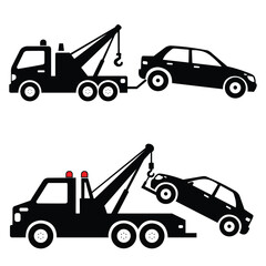 Tow truck hauling broken down vehicle two methods simple graphic symbol transportation service assistance