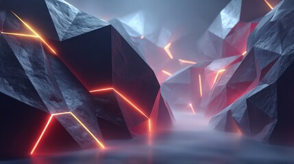 Cyber Monday abstract polygons: dark low-poly scene with cool neon accents, depth haze, clean hero space