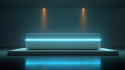Cyber Monday futuristic shelf light: neutral pedestal with scanning blue light stripe, dark scene, clean headline area