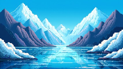 Pixel art of snowy mountains and lake with reflections beautiful scenery