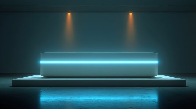 Cyber Monday futuristic shelf light: neutral pedestal with scanning blue light stripe, dark scene, clean headline area