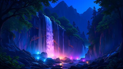 Mystical Waterfall Scene with Glowing Lights and Mountain Background Landscape