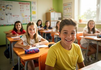 Diverse Elementary School Classroom Cheerful kids, children, and youth as students learning and studying an academic lesson together.