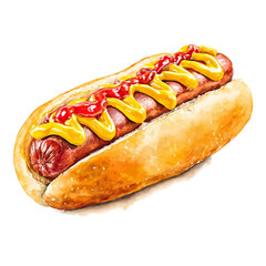 Watercolor vector illustration of Hot Dog, isolated on white background.