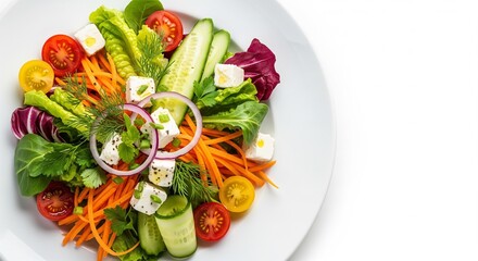 Fresh gourmet salad with vegetables and herbs on a white plate under overhead studio lighting, close-up showing freshness and appeal