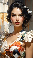 A stunning portrait of a woman with captivating eyes and a unique, artistic dress.