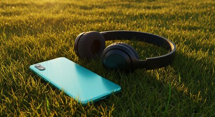 Colorful smartphone and black headphones on green grass outdoors  