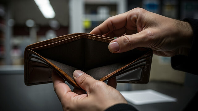 Man holding empty wallet in dimly lit indoor environment  