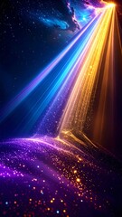 Cosmic light beams over a starry landscape