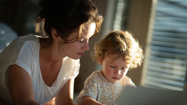 A stressed mother types on her laptop while her child colors happily nearby, bathed in streaming sunlight.