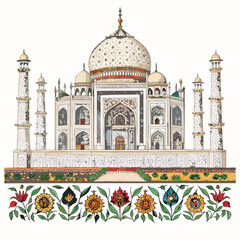 Taj Mahal Illustration with Floral Border