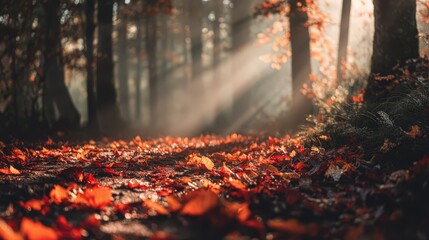 Golden hour sunlight filtering through a misty autumn forest, illuminating a carpet of vibrant red and orange leaves. Hyper-realistic, cinematic lighting, 