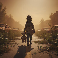Young child wearing gas mask walking on deserted street with teddy bear  