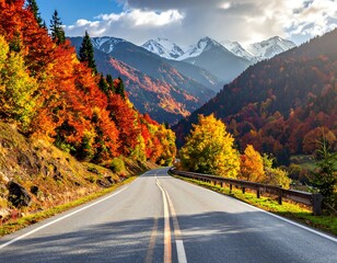 A scenic autumnal road winds through a valley nestled among vibrant fall foliage, with snow-capped mountains in the background.