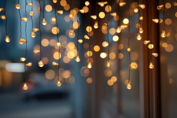 Holiday retail window bokeh: out-of-focus warm string lights against dark neutral background, creamy bokeh circles, elegant seasonal ambiance, excellent overlay area 