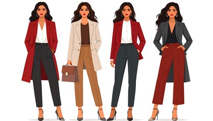 Four stylish businesswomen in autumnal outfits, showcasing diverse professional looks with coordinating coats, pants, and blouses.