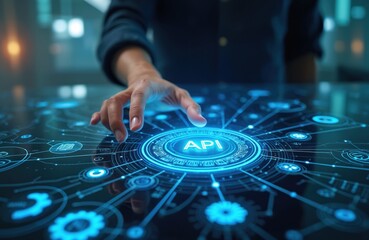 Naklejka premium Person interacts with glowing API interface on futuristic digital display. Abstract tech network connects data. Programming concept, connection, integration, software development.