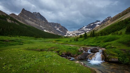 Scenic mountain valley with flowing stream and dramatic cloudscape above