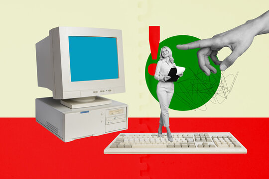 Creative 3D photo collage trend of entrepreneur human resources hiring manager workspace gae woman stand keypad old computer finger point