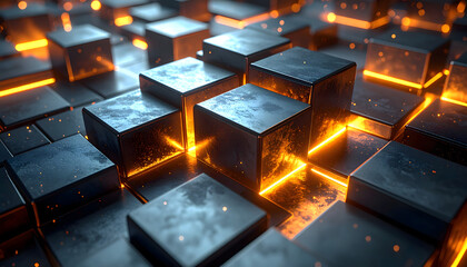 Illuminated Cubes: A complex pattern of cubes, radiating with vibrant golden light, symbolizing connectivity, data, and technological advancement, captured with a striking, high-tech aesthetic.