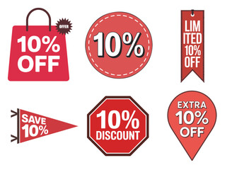 Ten percent discount badge bundle with shopping bag, stitched button, ribbon, pennant, octagon sign and map pin design, vector