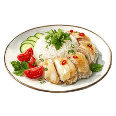 Hainanese Chicken Rice in watercolor style, vector illustration, isolated on white background.