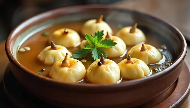 Traditional canederli plated in rustic ceramic bowl with steaming hot broth and black pepper 