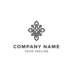 A modern, minimalist black and white logo design featuring a stylized, symmetrical cross with intricate, circuit-like line art patterns.