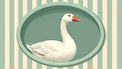 Fototapeta premium A charming illustration of a white goose in a teal oval frame against a striped background.