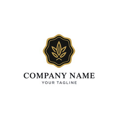 Elegant golden cannabis leaf logo within a black ornate badge, featuring placeholder text for company name and tagline.