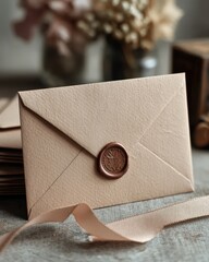 Neutral stationery set: blank cards, envelopes, wax seal, ribbon, soft daylight, large negative space, unbranded --no text,logo,watermark,brand 