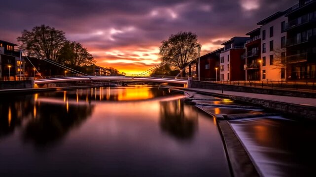 Breathtaking sunset over River Corrib Galway, Ireland with modern architecture and reflections in