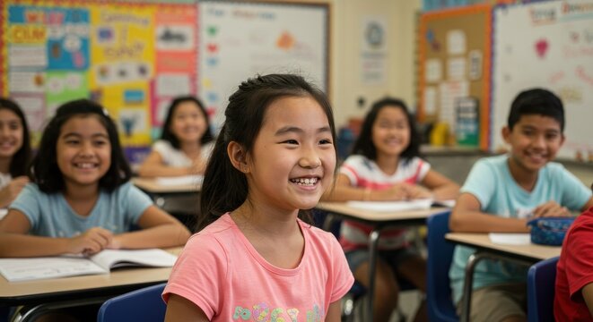 Diverse Elementary School Classroom Cheerful kids, children, and youth as students learning and studying an academic lesson together.