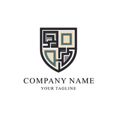 Abstract shield logo design featuring geometric shapes in gray, beige, and black colors with space for company name and tagline.