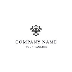 Minimalist logo design featuring a stylized floral or plant-like emblem above company name and tagline text.