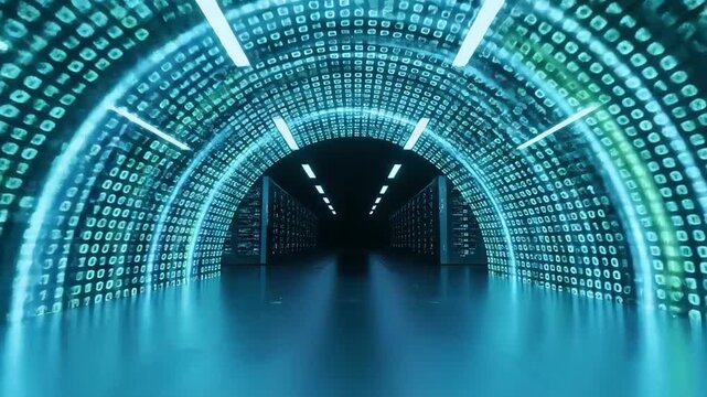 Digital Data Tunnel: Navigate through the digital realm with this striking image featuring an illuminated tunnel composed of binary code. This conceptual representation of data flow, networks. - Powered by Adobe