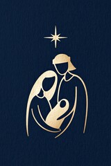 Minimalist nativity scene illustration featuring a mother, father, and child, with a star above, conveying a serene and peaceful holiday ambiance with copy space