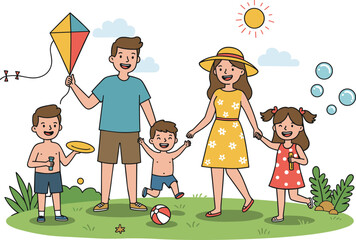 Happy family enjoying sunny day outdoors, kids playing with bubbles and beach ball, parents flying kite, joyful picnic, nature, lifestyle, fun